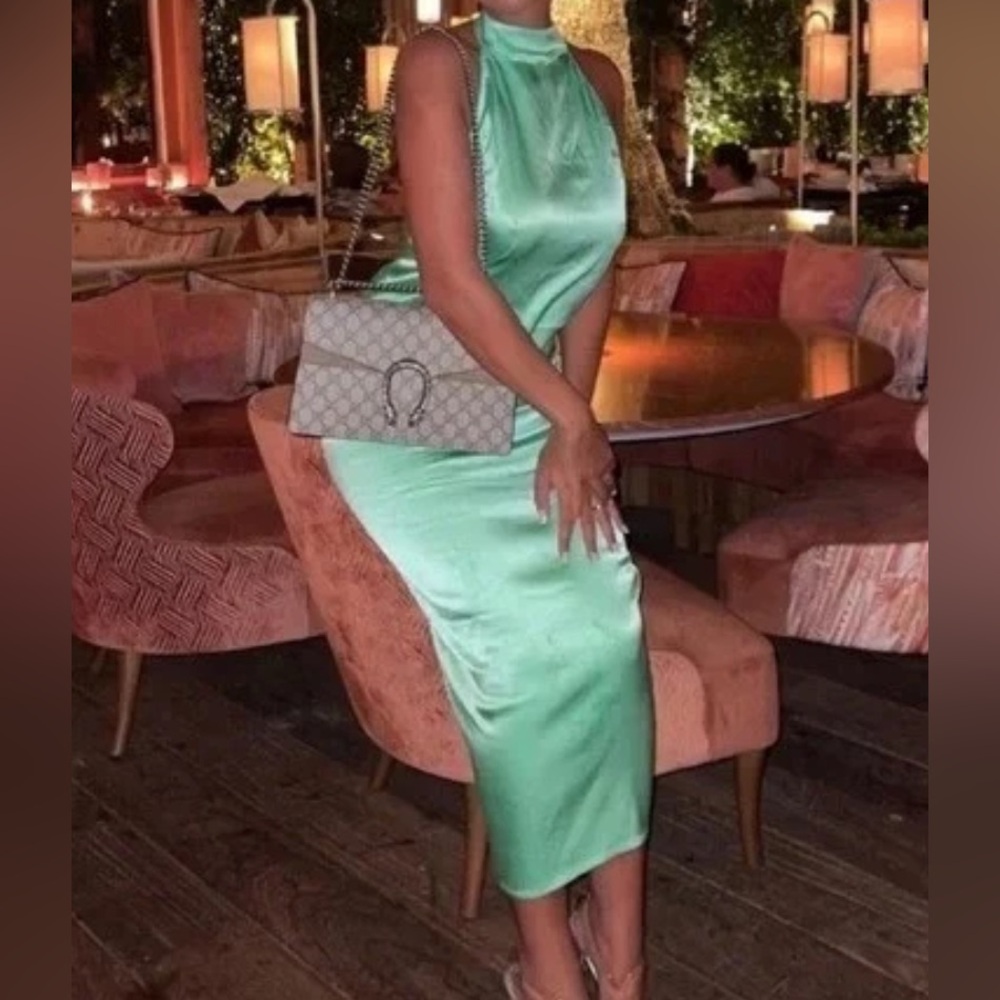 Zara Satin Effect Green Halter Midi Dress Back Cut Out